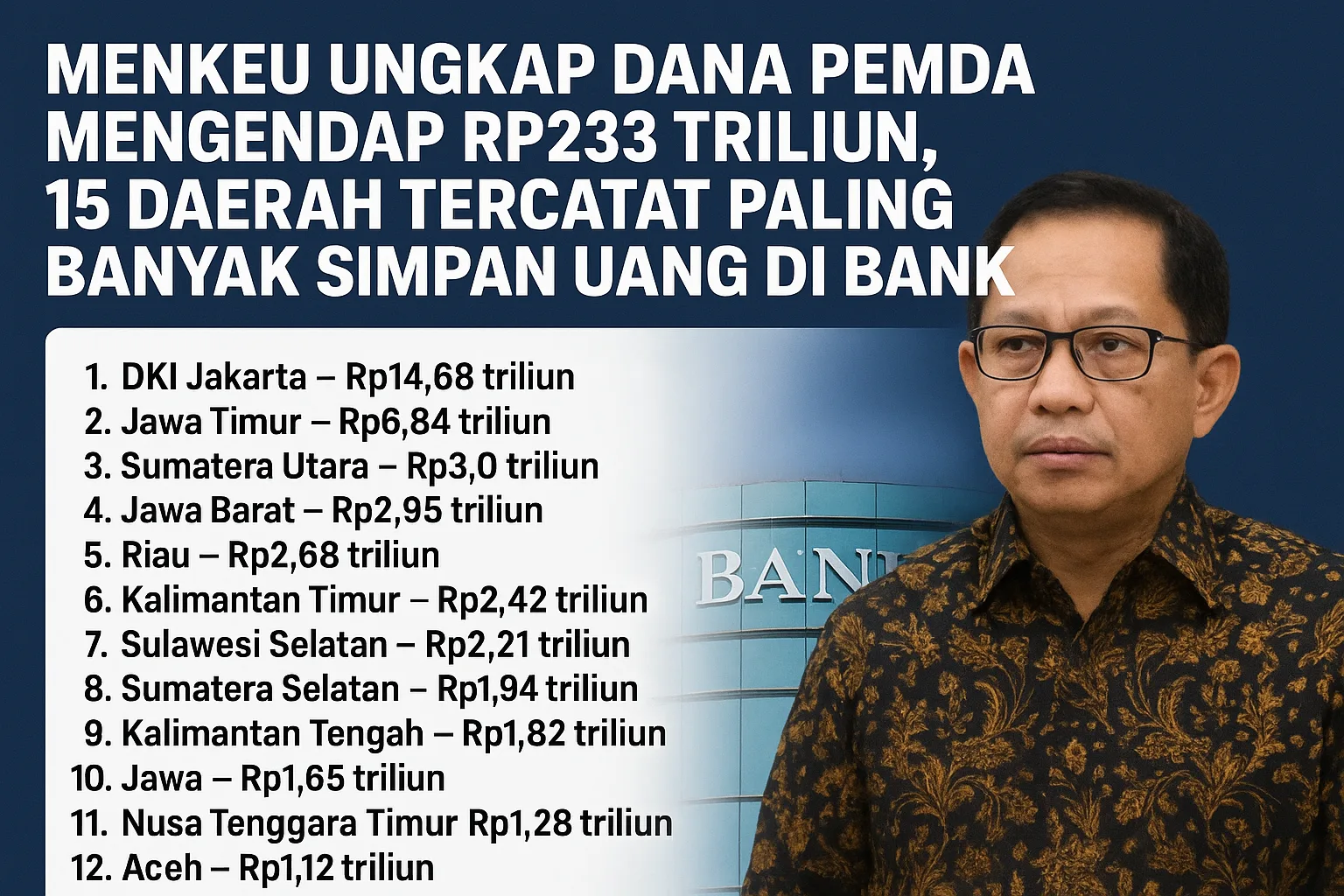 Ilustrasi Gambar Kemenkeu Ungkap Dana Pemda Mengendap Di Bank dengan Jumlah Daerah 15 Tertinggi Versi Bank Indonesia ( Photo: Ilustrasi Redaksi/Ist)