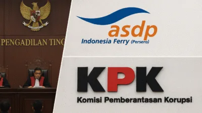 Ilustrasi Gambar logo ASDP, Komisi Pemberantasan Korupsi dan Kejaksaan pada saat sidang kasus Akuisisi ( photo Ilustrasi)