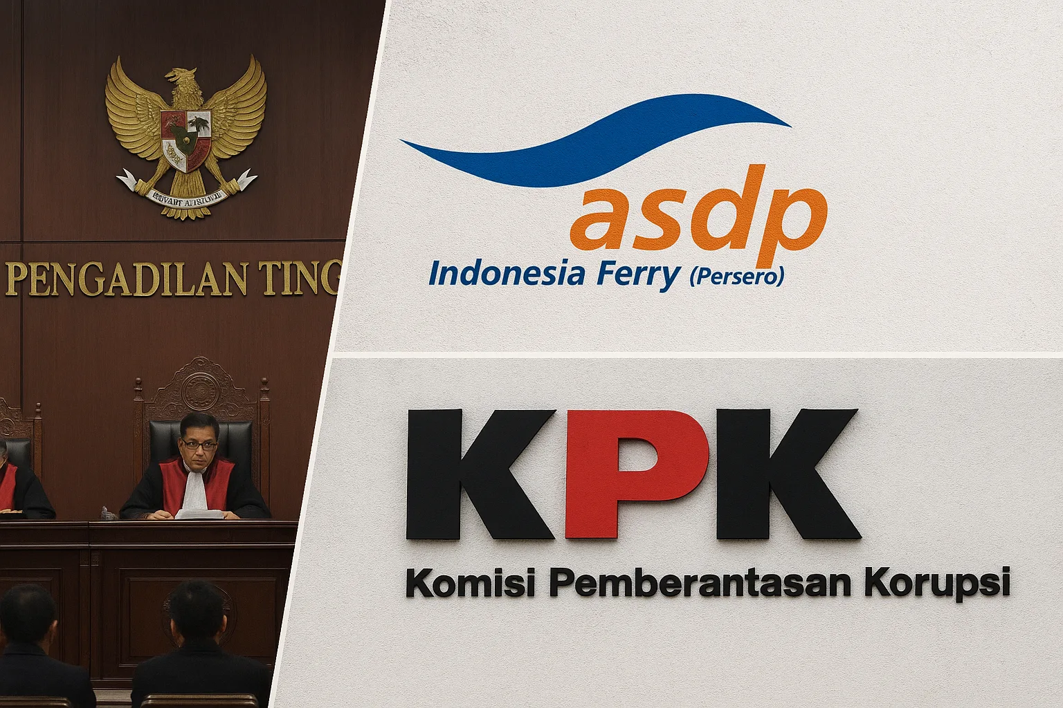 Ilustrasi Gambar logo ASDP, Komisi Pemberantasan Korupsi dan Kejaksaan pada saat sidang kasus Akuisisi ( photo Ilustrasi)