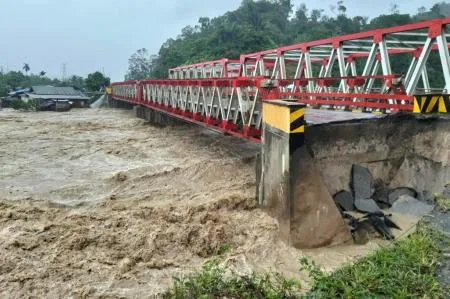 Gambar jembatan Putus Akibat terjangan Banjir dengan Arus sangat Deras di Salah satu Wilayah Sumatera yg terdampak ,( photo Redaksi/Ist )