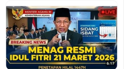 Pemerintah melalui Kementerian Agama Republik Indonesia resmi menetapkan Hari Raya Idul Fitri 1 Syawal 1447 Hijriah jatuh pada Sabtu, 21 Maret 2026