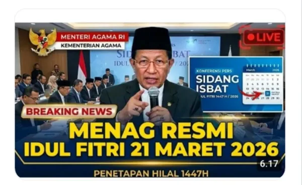 Pemerintah melalui Kementerian Agama Republik Indonesia resmi menetapkan Hari Raya Idul Fitri 1 Syawal 1447 Hijriah jatuh pada Sabtu, 21 Maret 2026