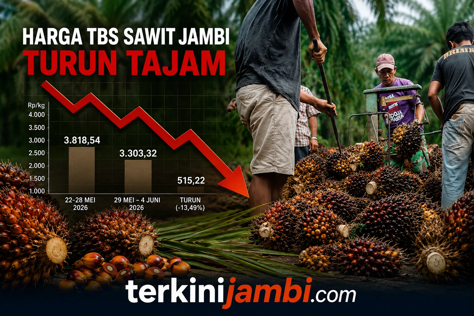 Harga Tandan Buah Segar (TBS) kelapa sawit di Provinsi Jambi kembali mengalami penurunan signifikan untuk periode 29 Mei hingga 4 Juni 2026.