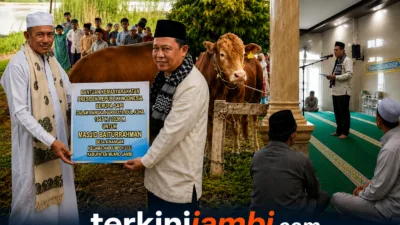 Bupati Muaro Jambi, Bambang Bayu Suseno, menyerahkan langsung hewan kurban tersebut kepada Kepala Desa Kunangan dan pengurus Masjid Baiturrahman.