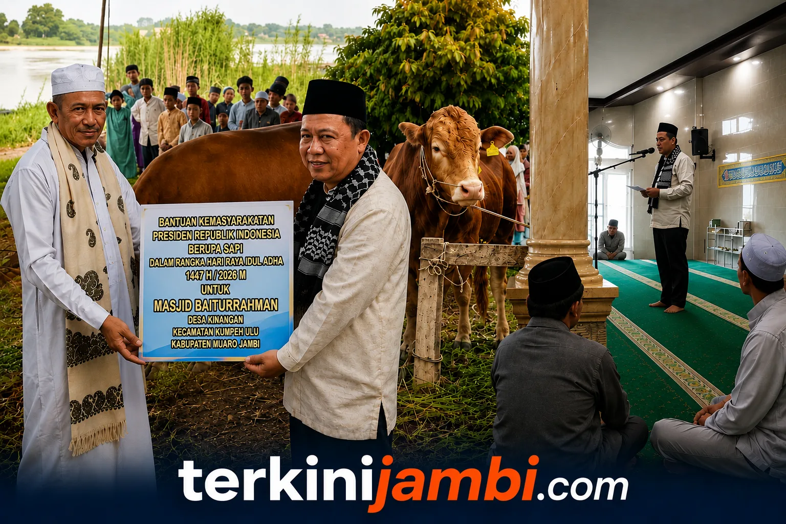 Bupati Muaro Jambi, Bambang Bayu Suseno, menyerahkan langsung hewan kurban tersebut kepada Kepala Desa Kunangan dan pengurus Masjid Baiturrahman.