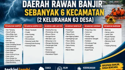 Sebanyak 65 wilayah yang dipetakan rawan terdampak banjir terdiri dari 2 kelurahan dan 63 desa yang tersebar di Kecamatan Kumpeh, Kumpeh Ulu, Jambi Luar Kota, Taman Rajo, Sekernan, dan Maro Sebo.