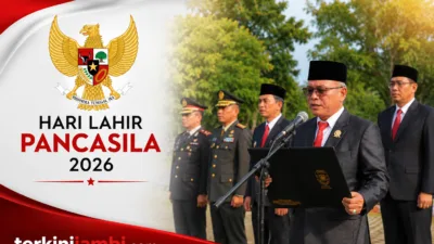 Aidi Hatta, S.Ag., mendapat kehormatan membacakan teks Pancasila pada Upacara Peringatan Hari Lahir Pancasila Tahun 2026 yang digelar Pemerintah Kabupaten Muaro Jambi di Lapangan Bukit Cinto Kenang