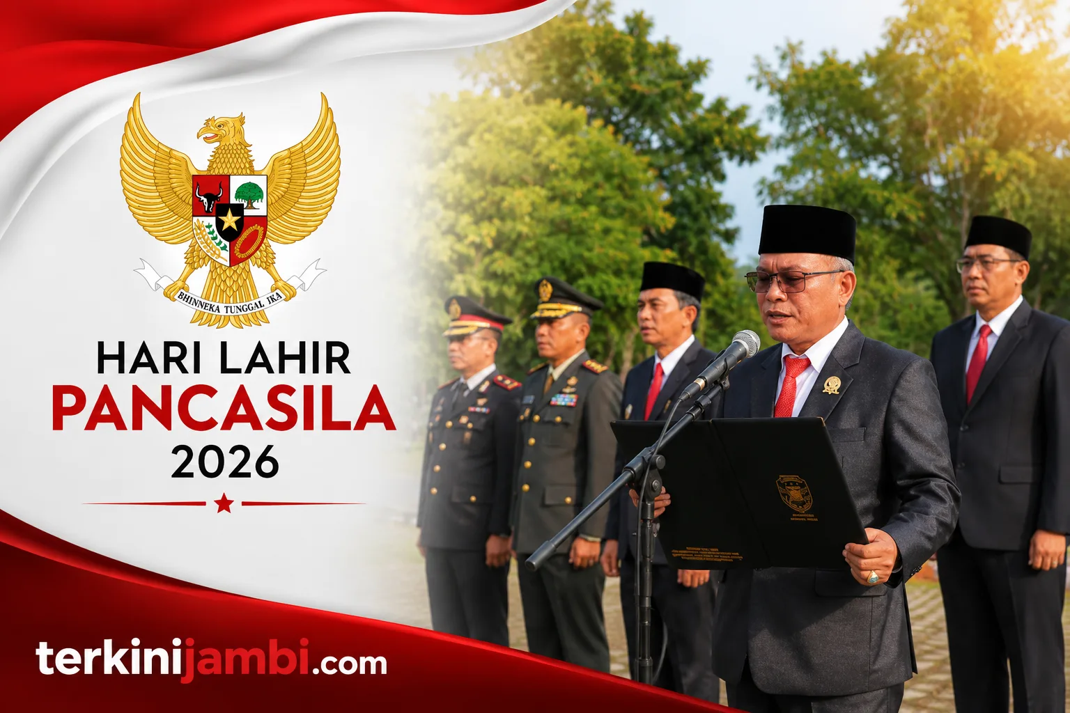 Aidi Hatta, S.Ag., mendapat kehormatan membacakan teks Pancasila pada Upacara Peringatan Hari Lahir Pancasila Tahun 2026 yang digelar Pemerintah Kabupaten Muaro Jambi di Lapangan Bukit Cinto Kenang