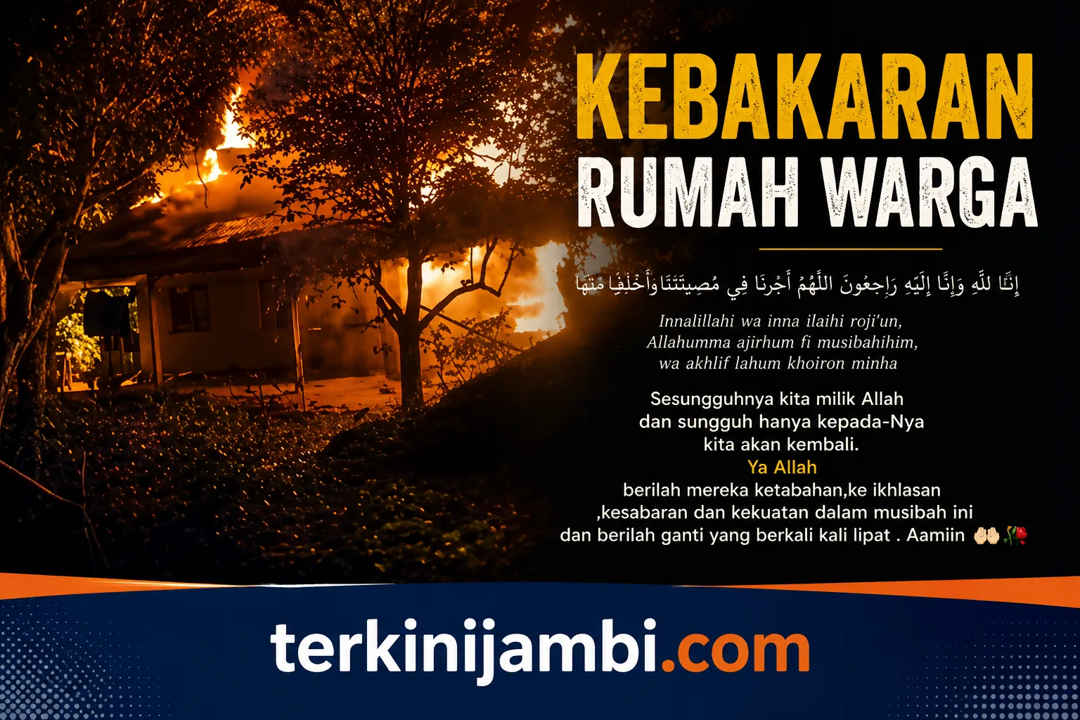 Sebuah rumah milik Halil Azis yang berada di RT 04 RW 02, Jalur Dua Desa Tanjung Sari Unit 22, Kecamatan Bahar Selatan, Kabupaten Muaro Jambi, ludes dilalap api pada Selasa (9/6/2026)