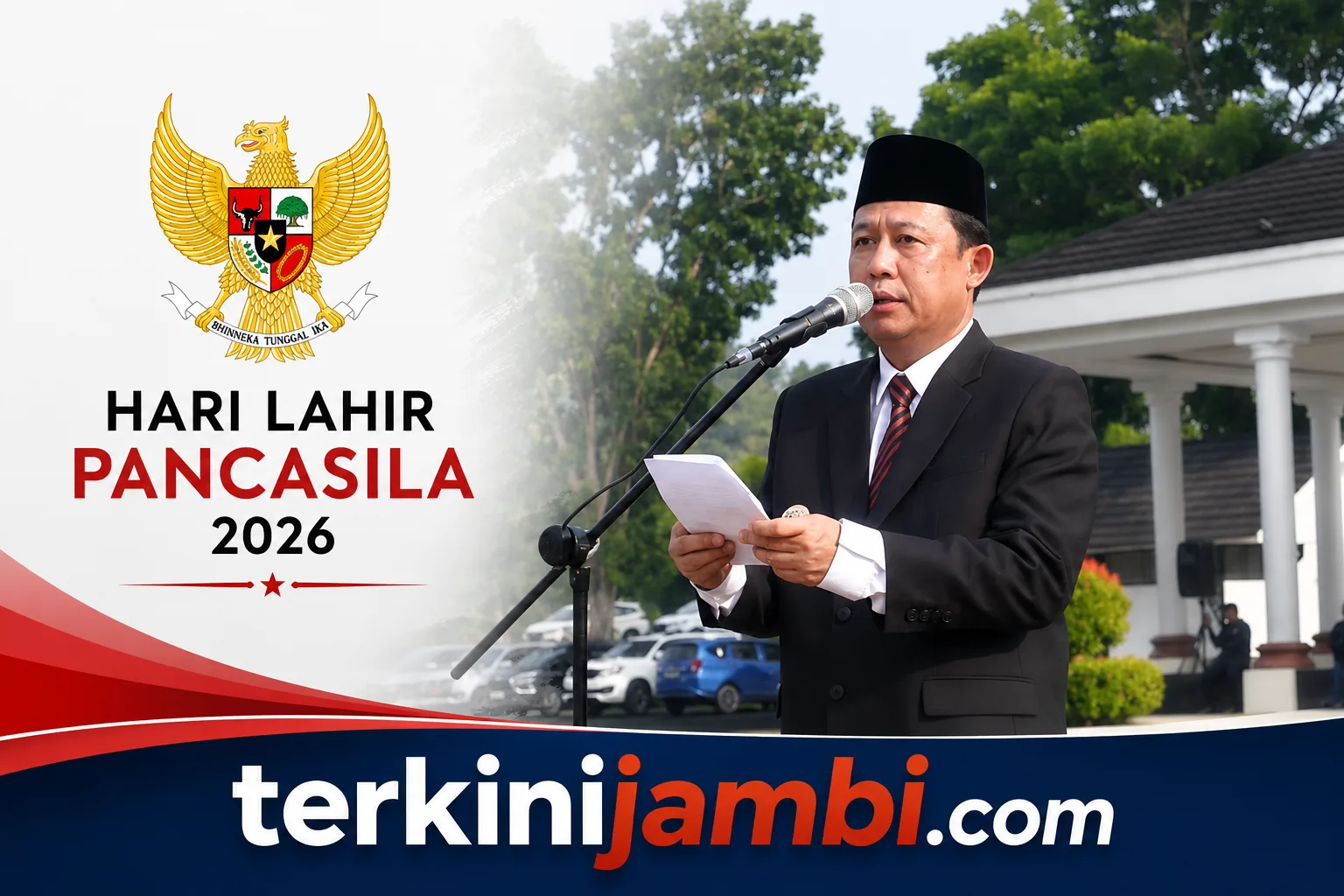 Pemerintah Kabupaten Muaro Jambi menggelar upacara bendera dalam rangka memperingati Hari Lahir Pancasila Tahun 2026 di Lapangan Kantor Bupati Muaro Jambi