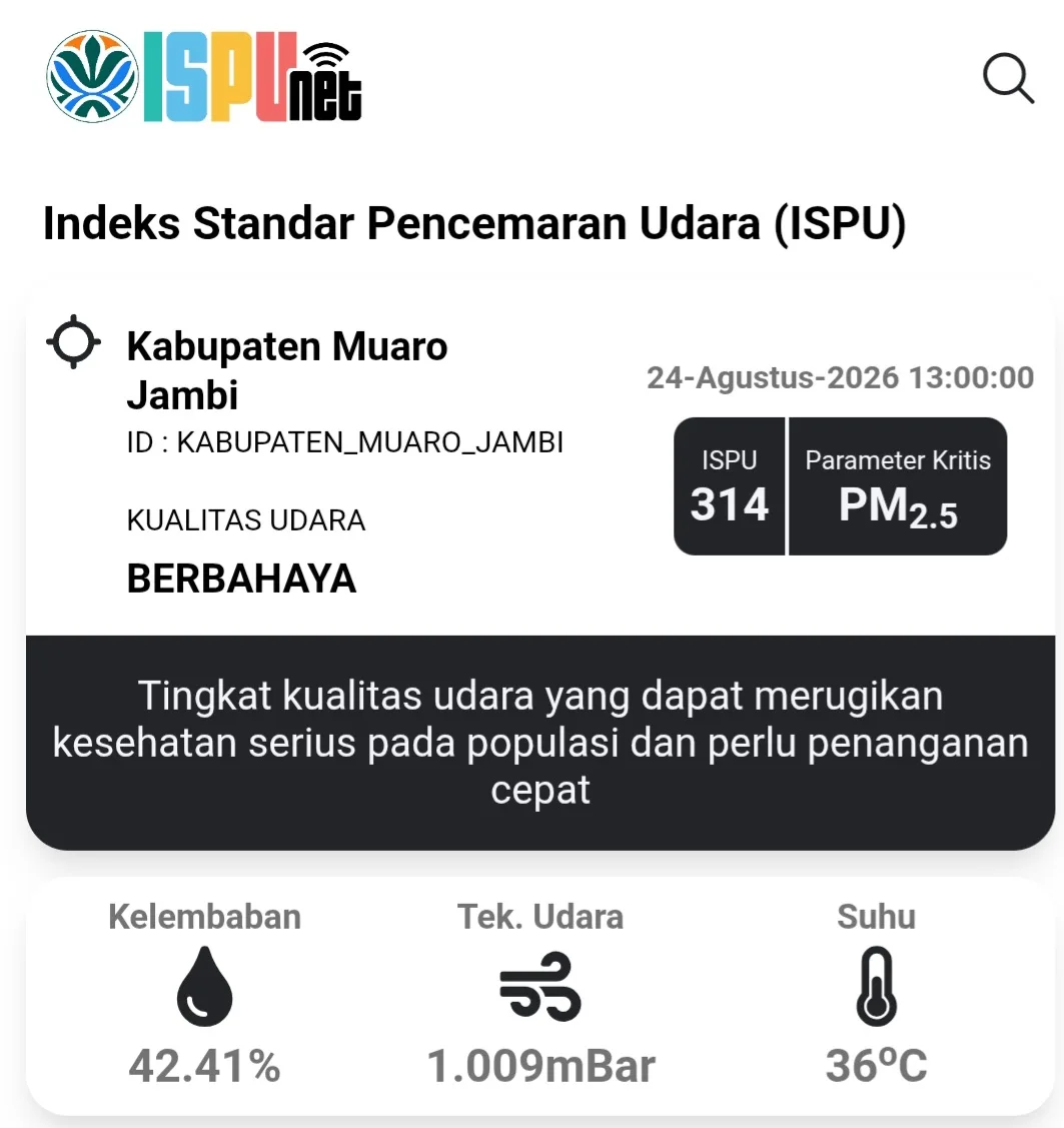 Indeks Standar Pencemaran Udara (ISPU) yang dipantau pada Minggu, 24 Agustus 2026 pukul 13.00 WIB, angka ISPU tercatat mencapai 314 dan masuk kategori berbahaya.