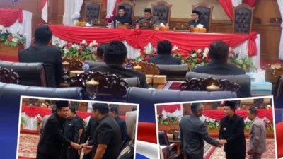 Bupati Muaro Jambi Dr. Bambang Bayu Suseno, S.P., M.M., M.Si., menghadiri Rapat Paripurna DPRD Kabupaten Muaro Jambi dengan agenda penyampaian pemandangan umum fraksi-fraksi dewan terhadap Rancangan Peraturan Daerah (Ranperda) tentang Perubahan APBD Kabupaten Muaro Jambi Tahun Anggaran 2026.