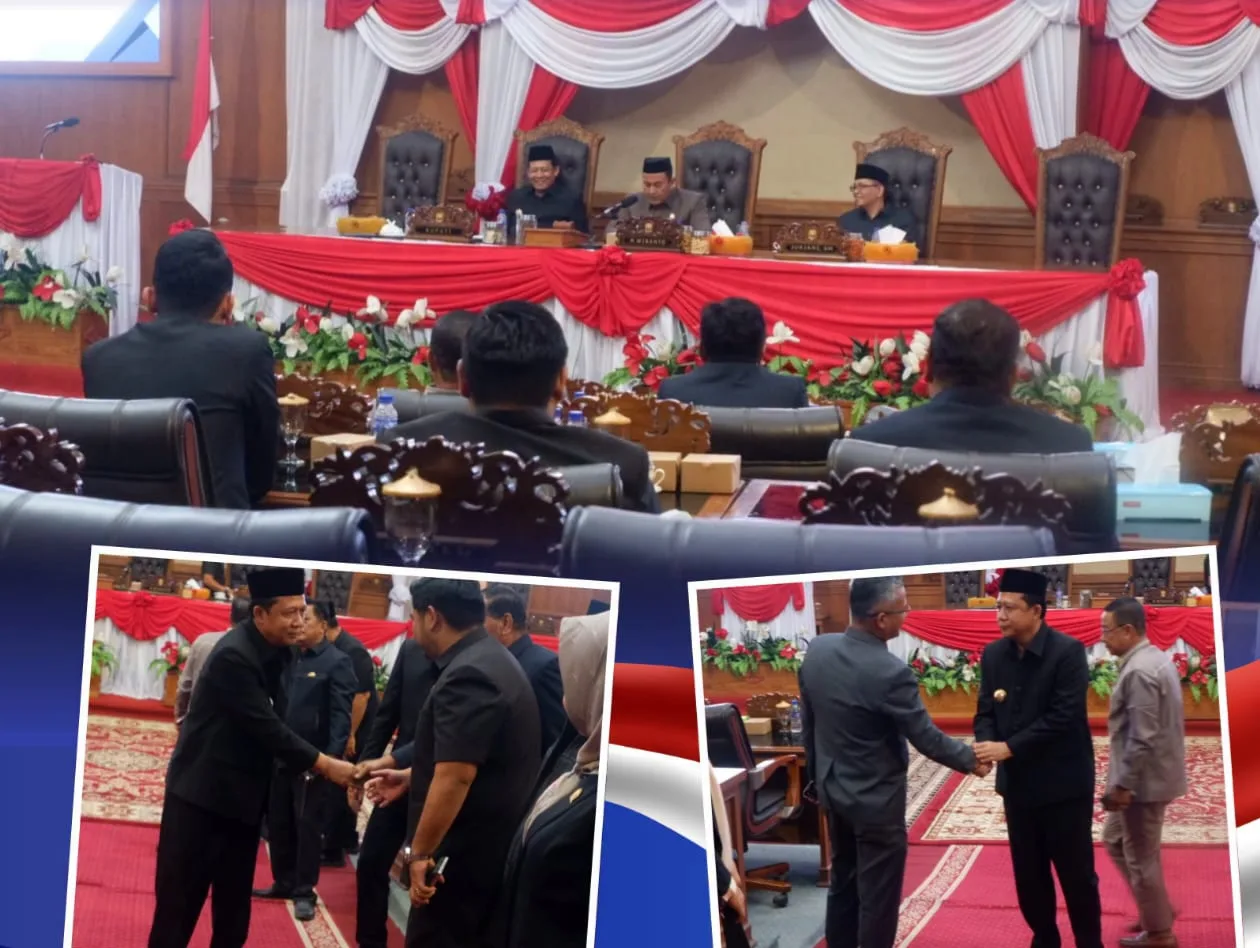 Bupati Muaro Jambi Dr. Bambang Bayu Suseno, S.P., M.M., M.Si., menghadiri Rapat Paripurna DPRD Kabupaten Muaro Jambi dengan agenda penyampaian pemandangan umum fraksi-fraksi dewan terhadap Rancangan Peraturan Daerah (Ranperda) tentang Perubahan APBD Kabupaten Muaro Jambi Tahun Anggaran 2026.